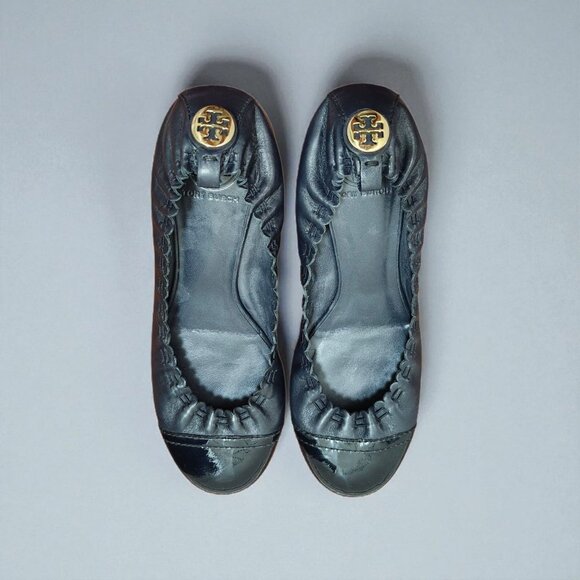 Tory Burch Black Abbey Mestico/Patent Flats dark blue Leather Women's Size 7.5 - Picture 2 of 9